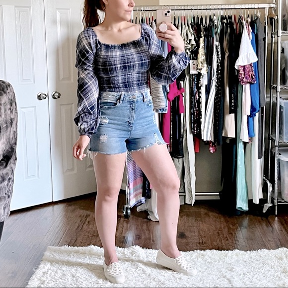 INC Blue Plaid Smock Puff Sleeve Off Shoulder Square Neck Top Blouse Convertible - Picture 5 of 5